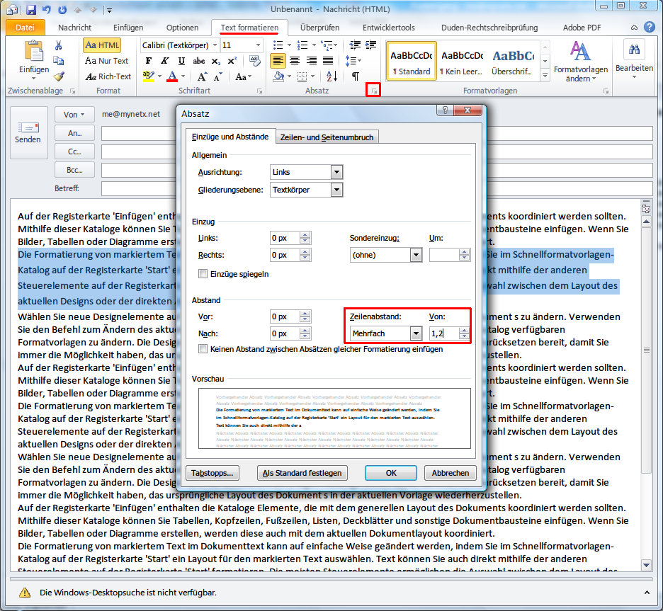 Outlook 2010: Zeilenabstand beim Schreiben von Mails einstellen