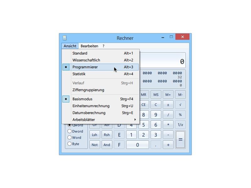 Windows-7-Taschen-Rechner: Hexa-Dezimale Zahlen darstellen