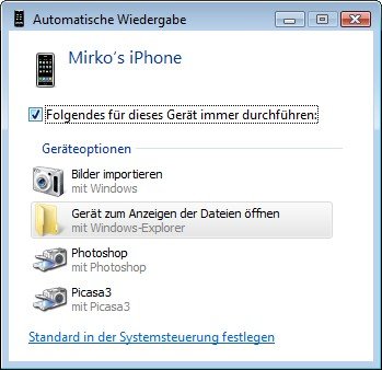 Windows Vista: Eingestöpselte iPhones direkt im Explorer öffnen