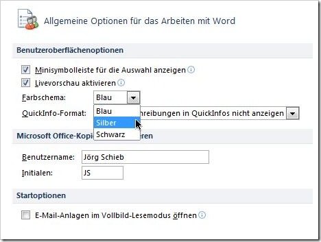 Office-Optionen: Allgemeine Optionen, Farbschema Blau/Silber/Schwarz
