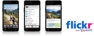 3 Ansichten der Flickr-Android-App auf einem Smartphone-Bildschirm