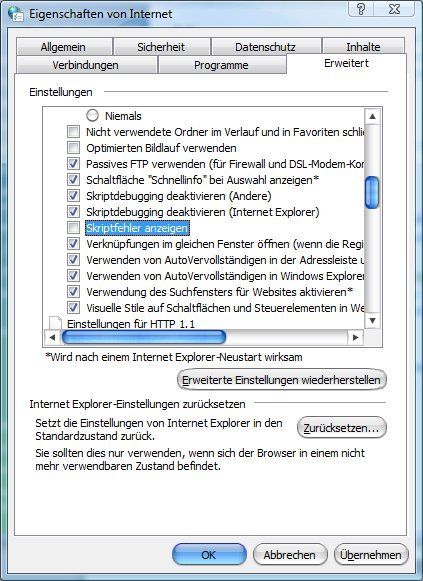 Website-Laufzeit-Fehler im Internet Explorer ausblenden