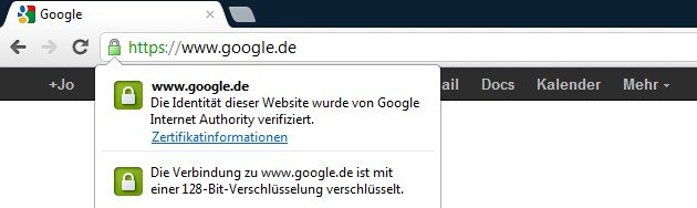 Google.de mit SSL-Verschlüsselung