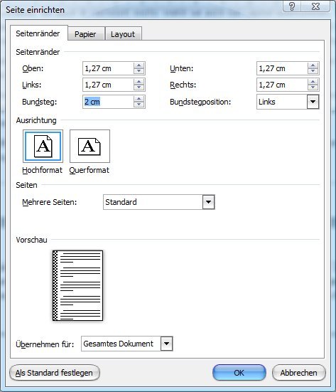 Seiten-Layout für gegenüberliegende Seiten in Microsoft Word