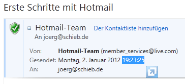 Uhrzeit anzeigen, wann eine eMail bei Hotmail eingegangen ist