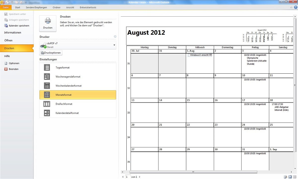 Monats-Kalender drucken mit Microsoft Outlook