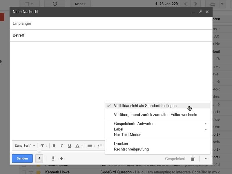 In Gmail neue eMails in größerem Fenster schreiben