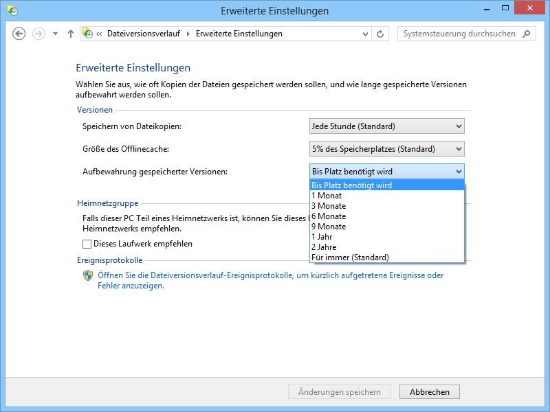 Festlegen, wie viel Speicherplatz die Datensicherung von Windows 8 braucht