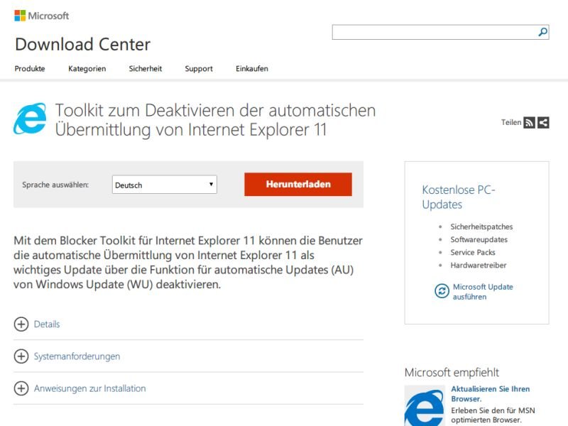 Internet Explorer 11: Installation auf Windows 7 verhindern