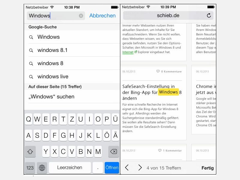 iOS: Auf Webseiten im Safari-Browser nach Text suchen