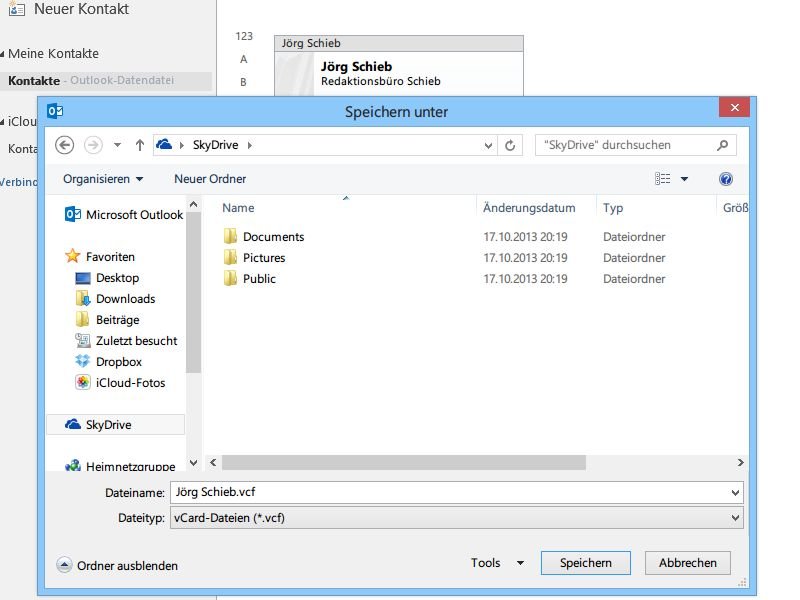 Outlook 2013: Kontakte als vCard-Datei (*.vcf) exportieren