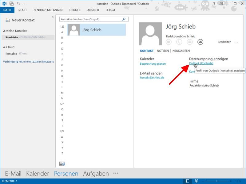 Outlook 2013: So öffnen Sie die vollständige Kontakt-Ansicht