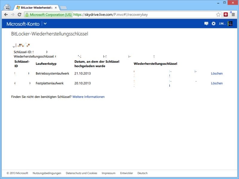 BitLocker-Wiederherstellungs-Schlüssel aus Microsoft-Konto auslesen