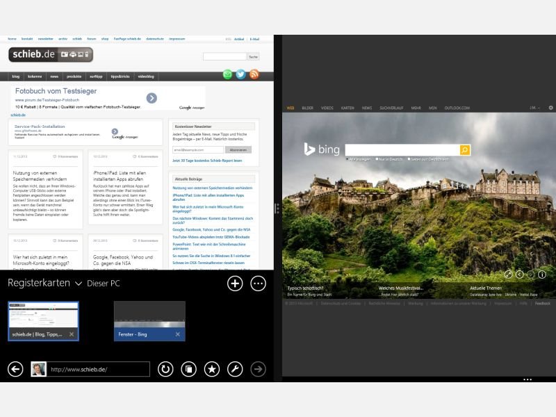 Internet Explorer 11-App: 2 Webseiten nebeneinander nutzen
