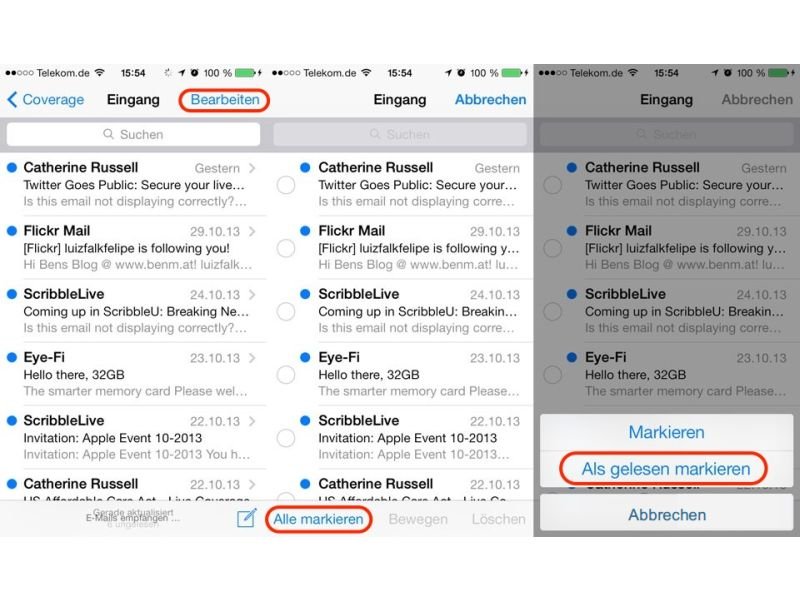 Mail-App von iOS 7: Alle eMails auf einmal als gelesen markieren