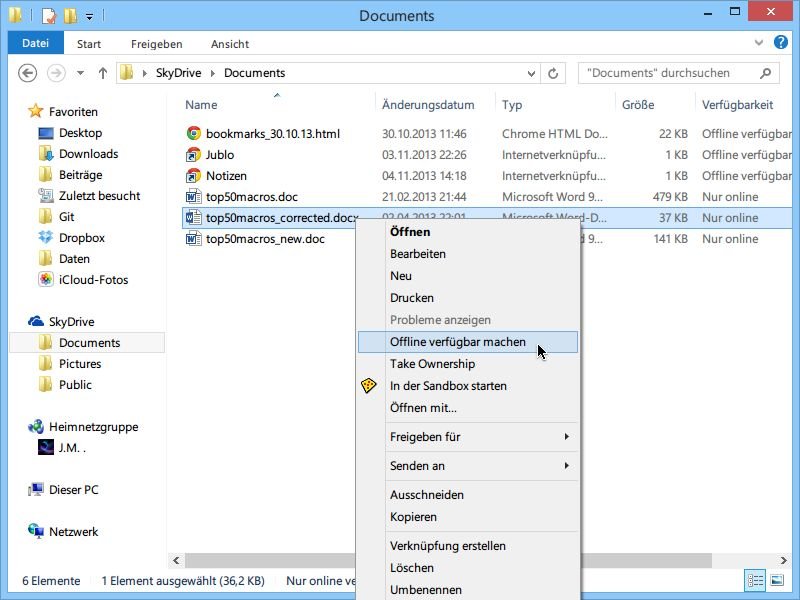 Windows 8.1: SkyDrive-Dokumente offline verfügbar machen