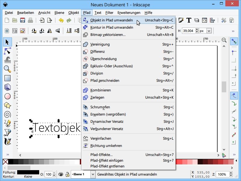 Inkscape: Text-Objekte in Pfade umwandeln
