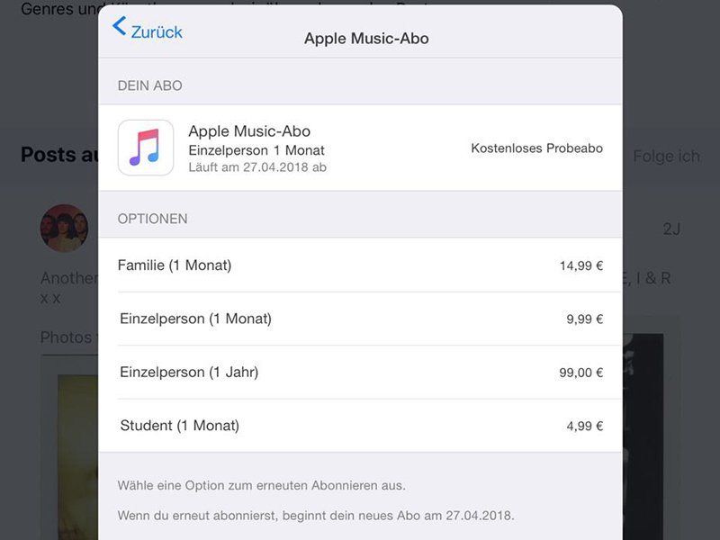 Apple Music Probeabo vor automatischer Verlängerung kündigen