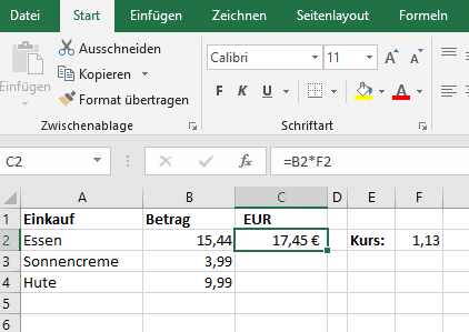 Formeln kopieren in Excel mit festen Zellen