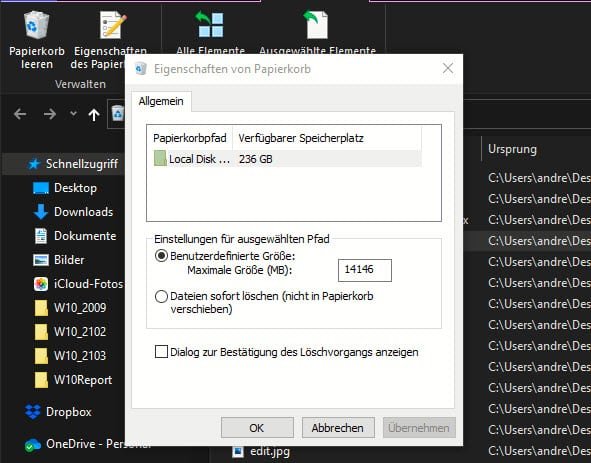 Ausschalten des Papierkorbs in Windows 10