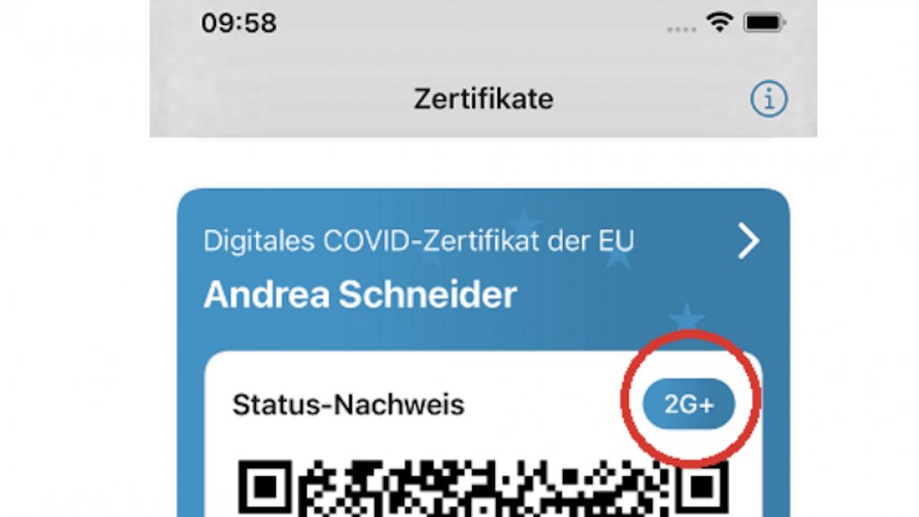 Der Gesamt-Status erscheint in der App direkt oberhalb des Zertifikats in blau